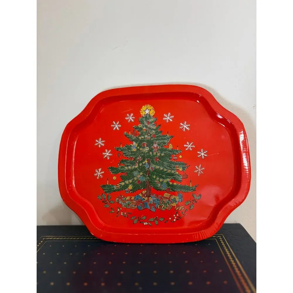 Vintage Metal Snack tray Red Background Christmas Tree Design 1980'S Set Of 4
